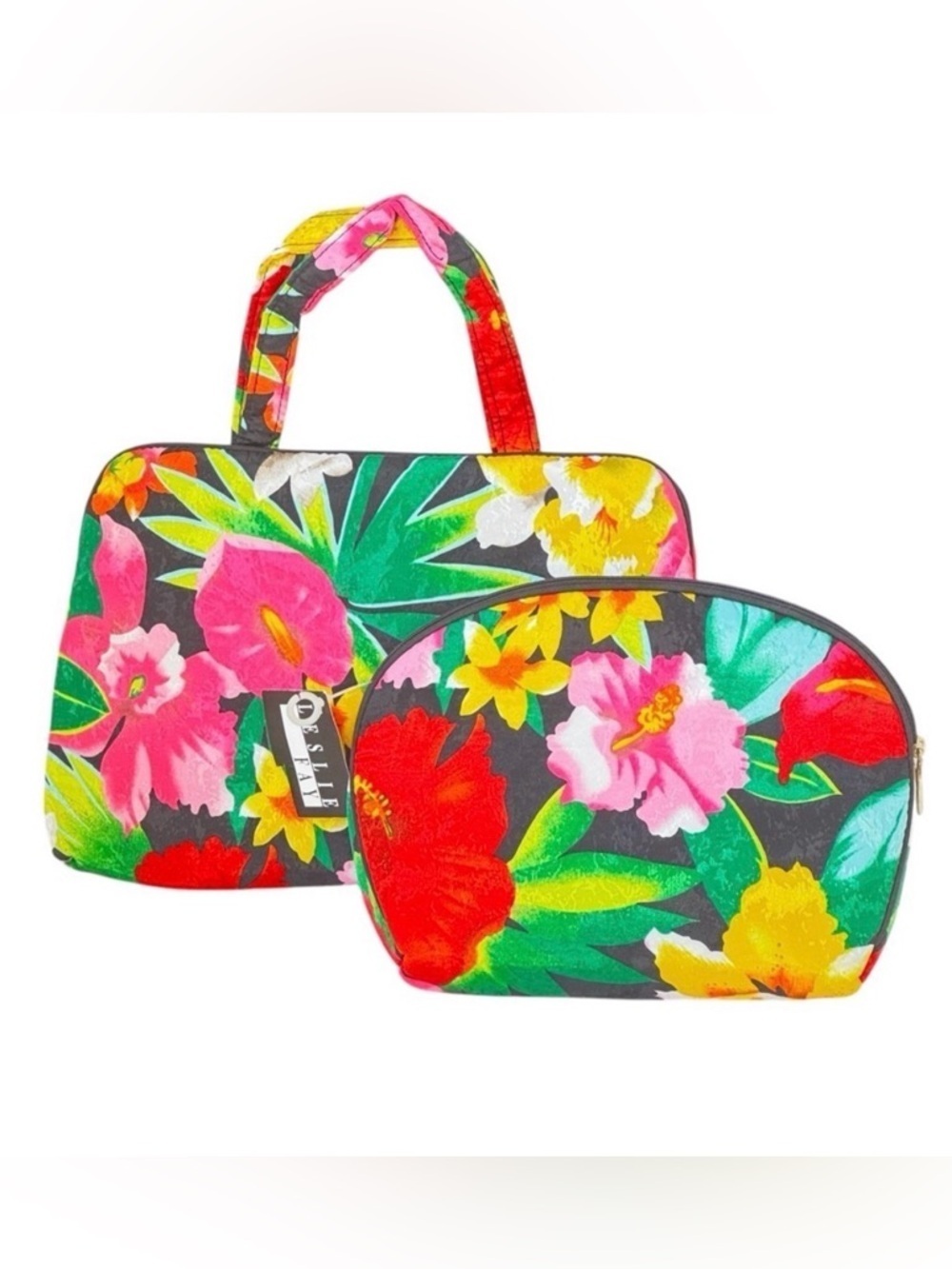 Vintage NEW WITH TAGS Leslie Fay Cosmetic Travel Bag Set Tropical Floral Multi